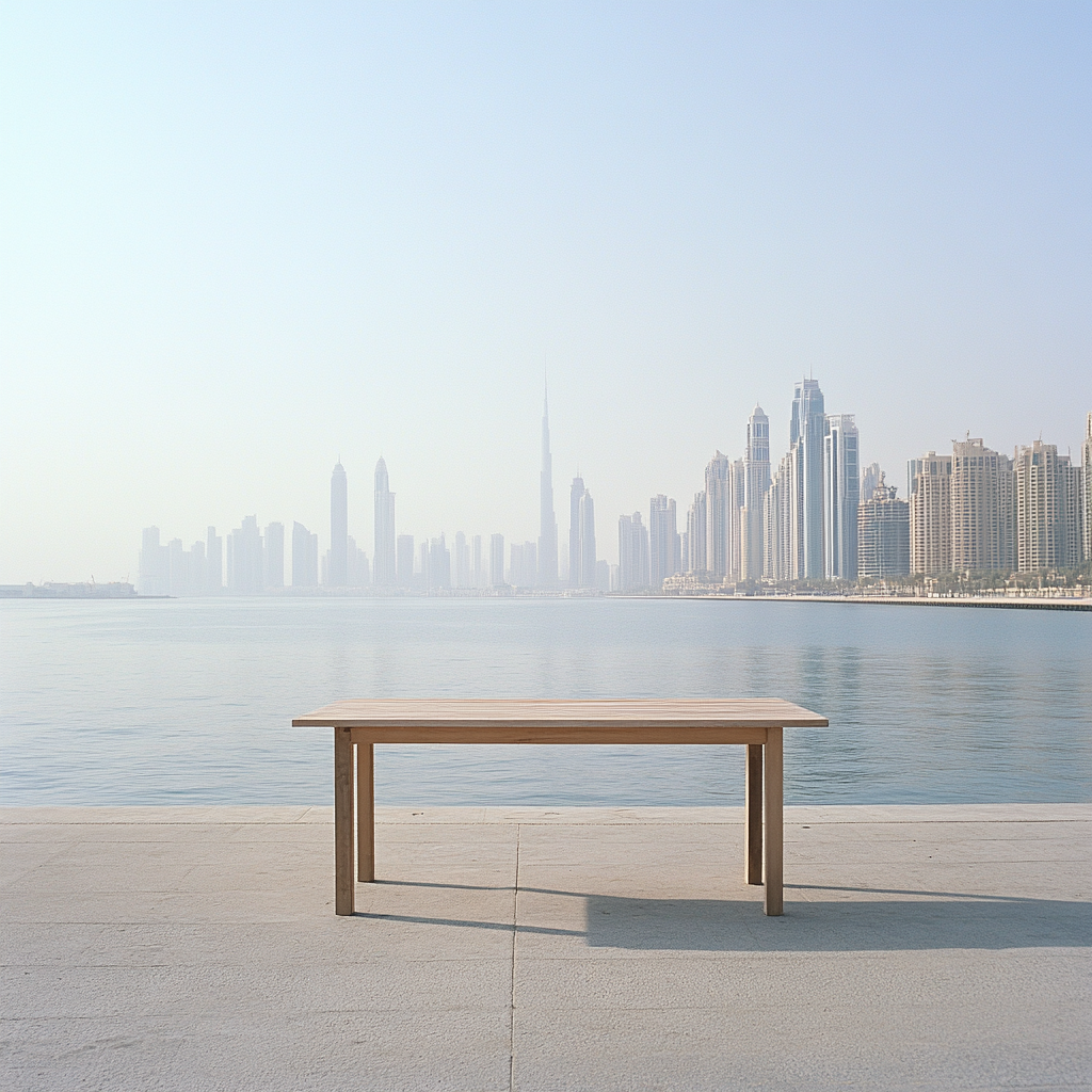 Empty table near Dubai skyline by the waterfront.