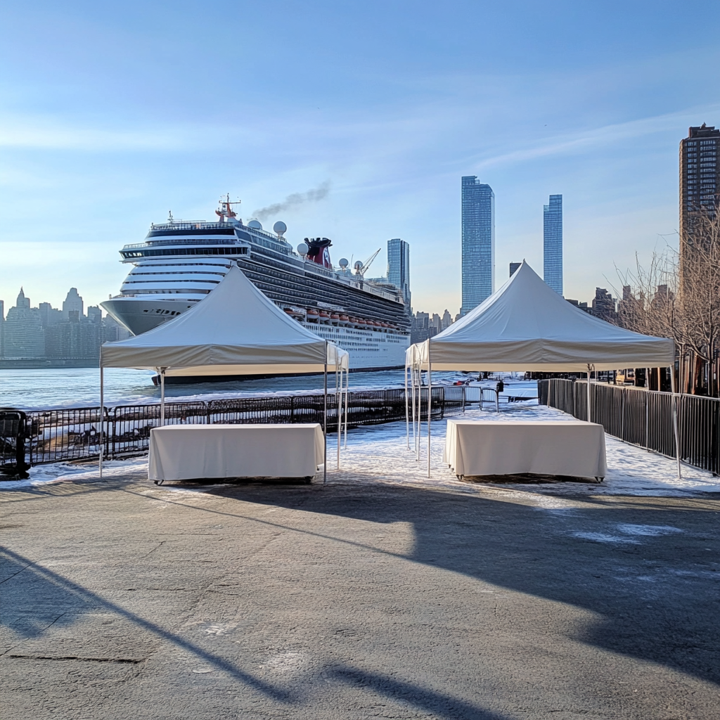 Empty tents and cruise ship in NYC