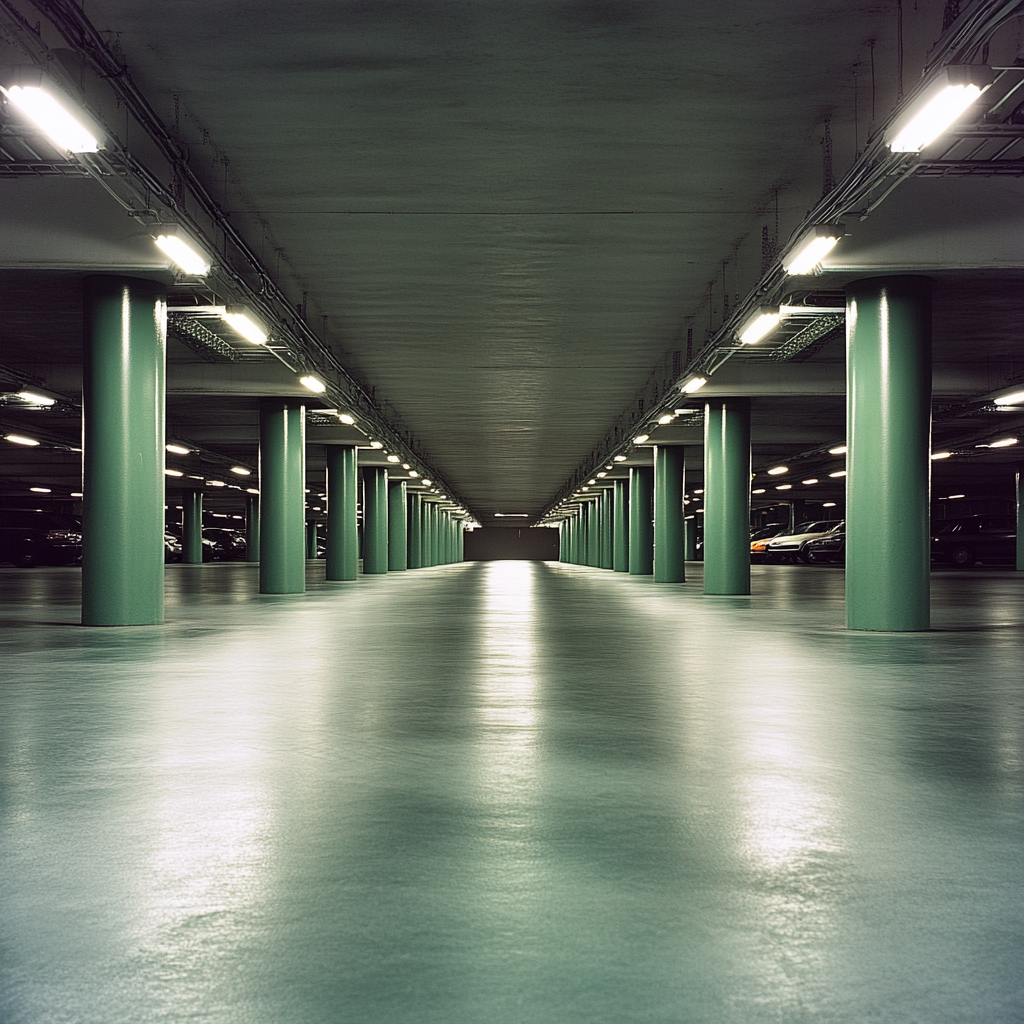 Empty underground parking lot with green pillars