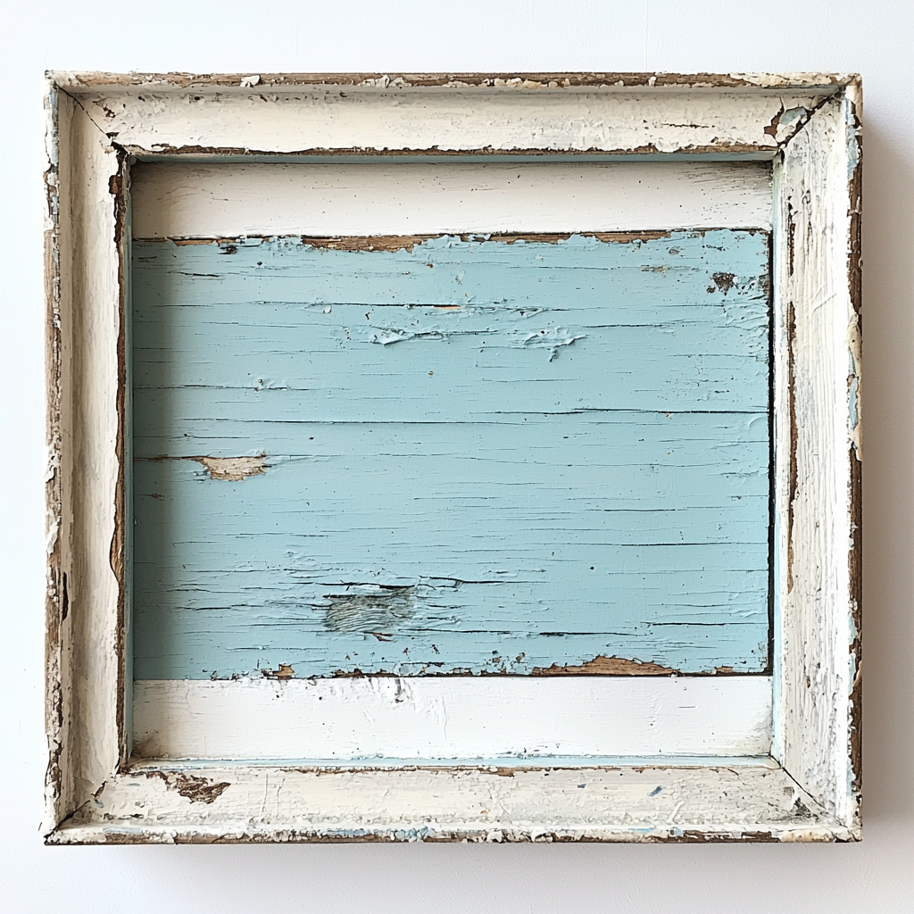 Empty vintage shadowbox with light blue stripes on white.