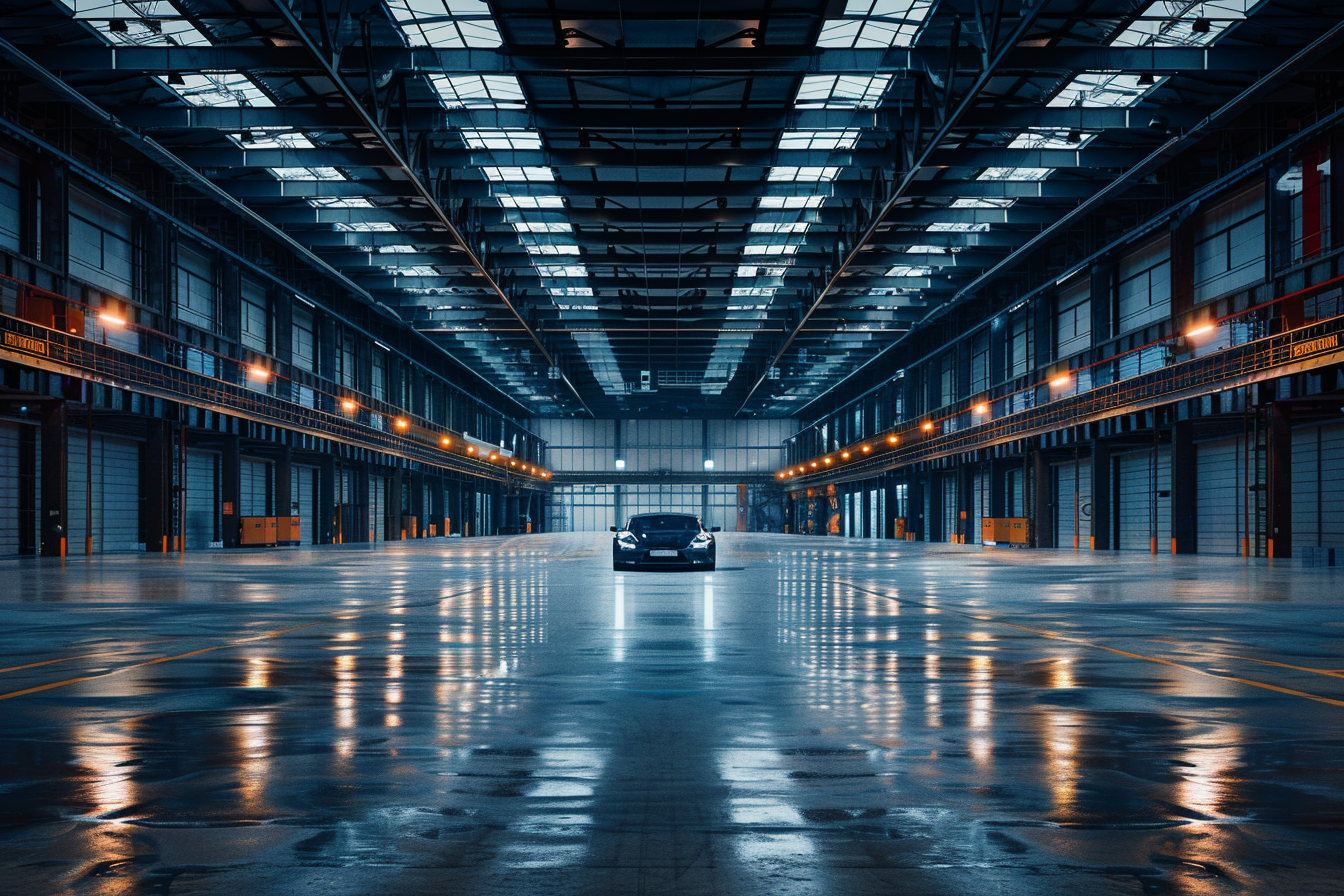 Empty warehouse with person standing next to car.