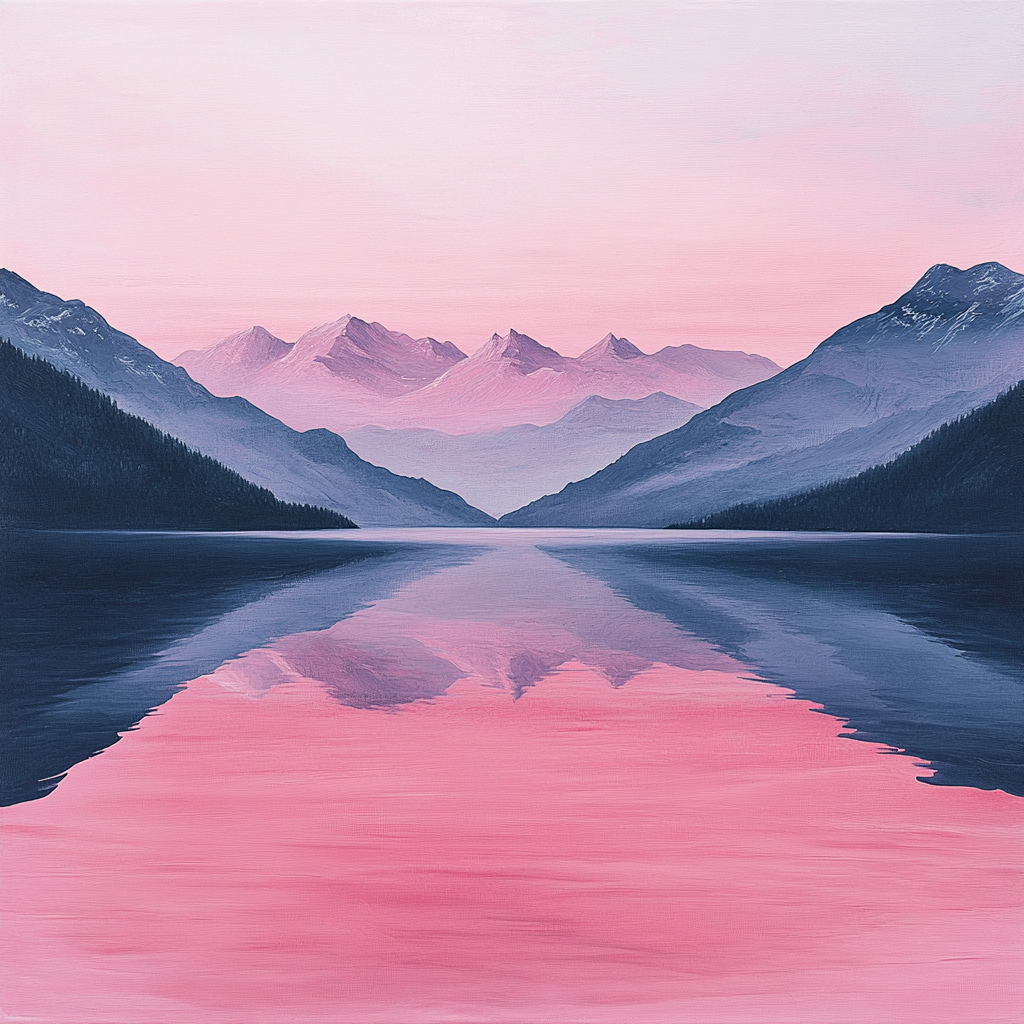 Empty water with pink reflections, distant mountains as backdrop.