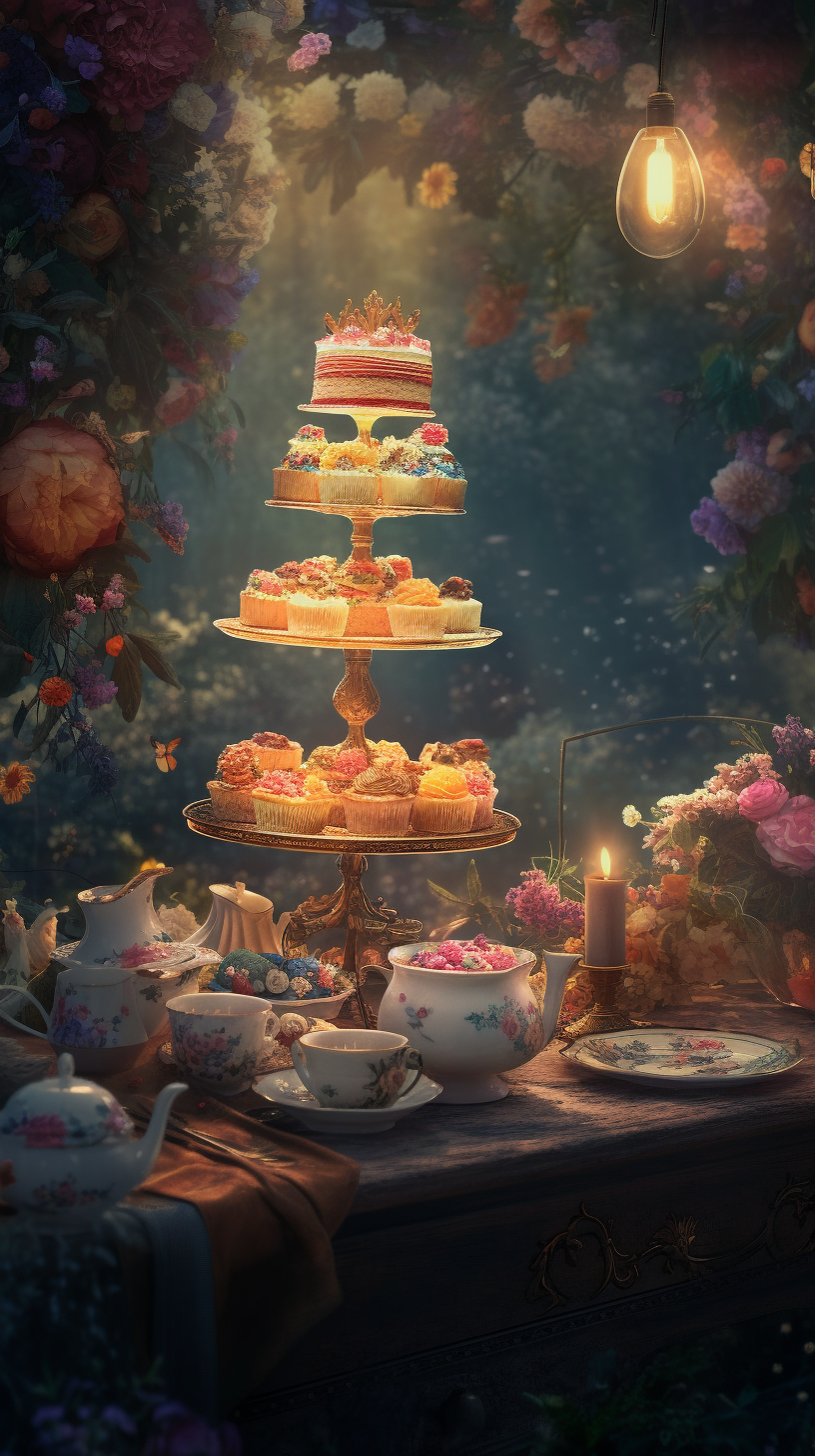 Enchanted Afternoon Tea Scene in Misty Forest