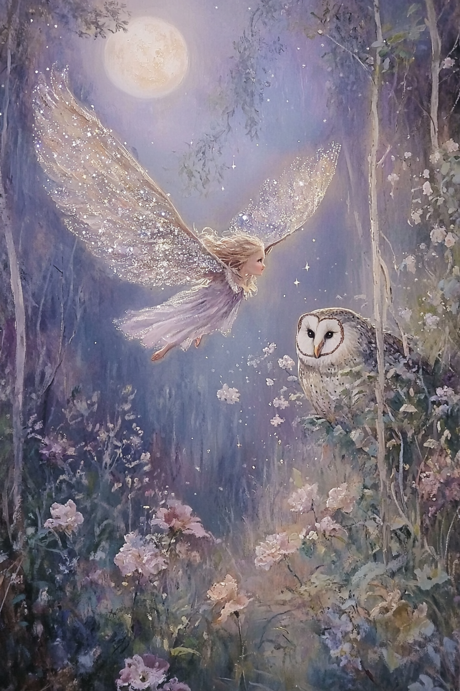 Enchanted Fairy Girl Flying with Owl in Night Forest