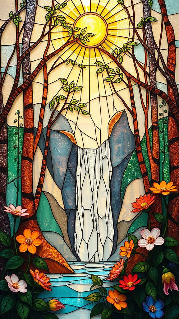 Enchanted Forest in Shimmering Stained Glass Design