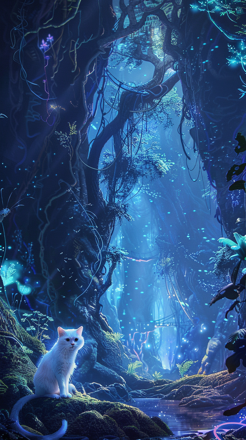 Enchanted Forest with Bioluminescent Plants and White Cat