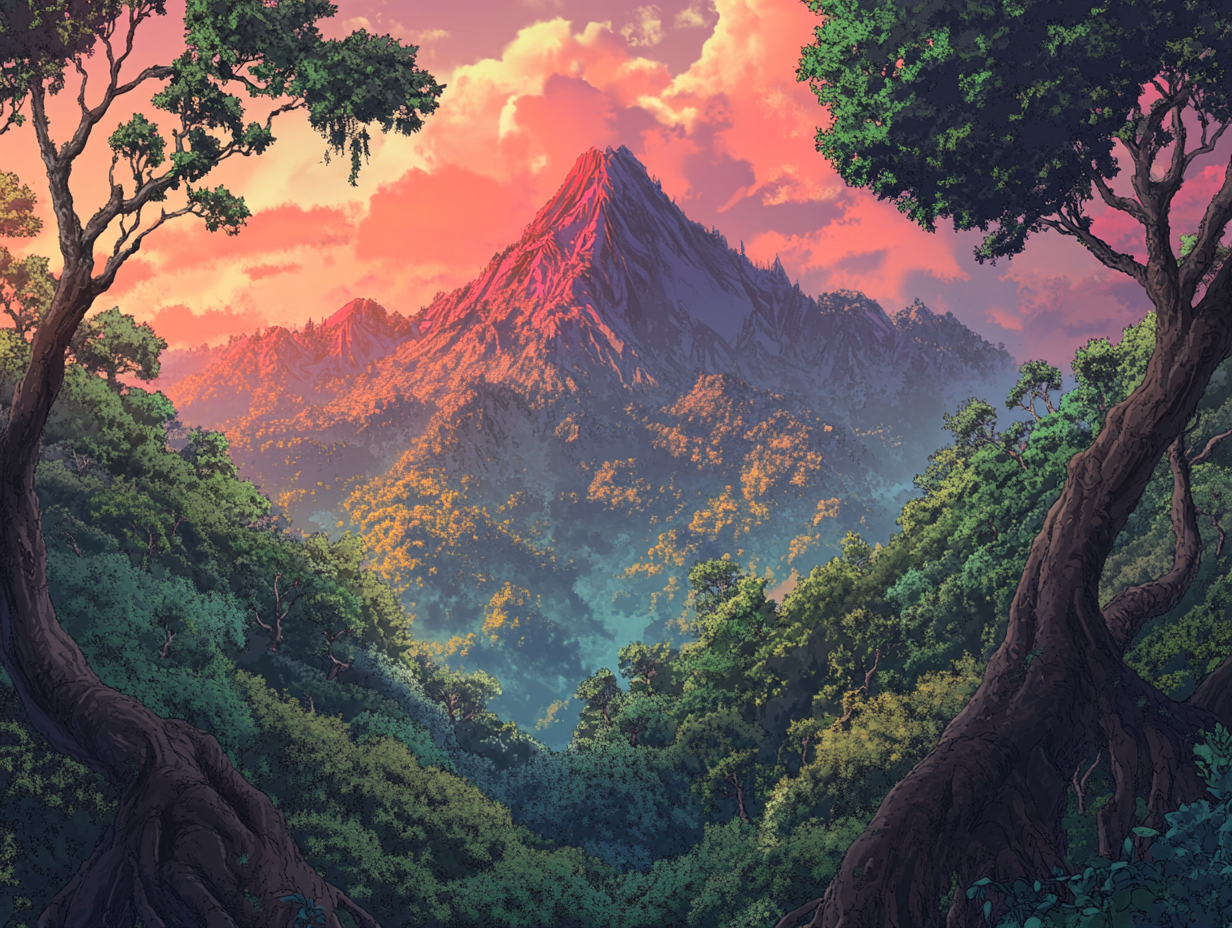 Enchanted Forest with Red Mountain at Sunset