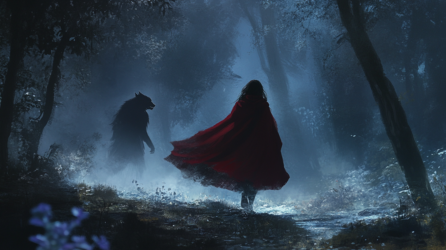 Woman in Red Cloak Running Dramatically