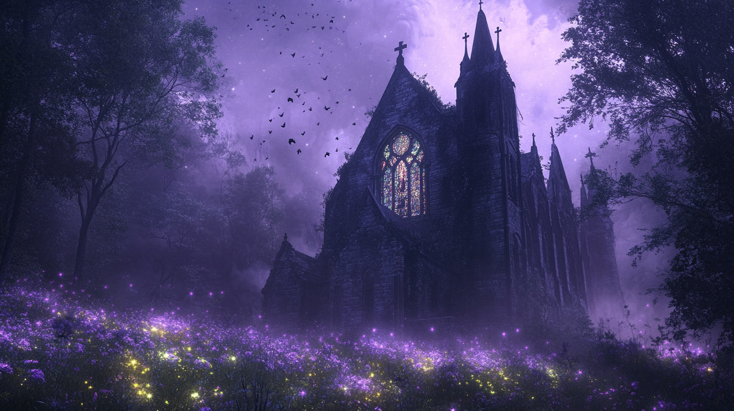 Enchanted Ruined Gothic Church in Mystical Ancient Forest