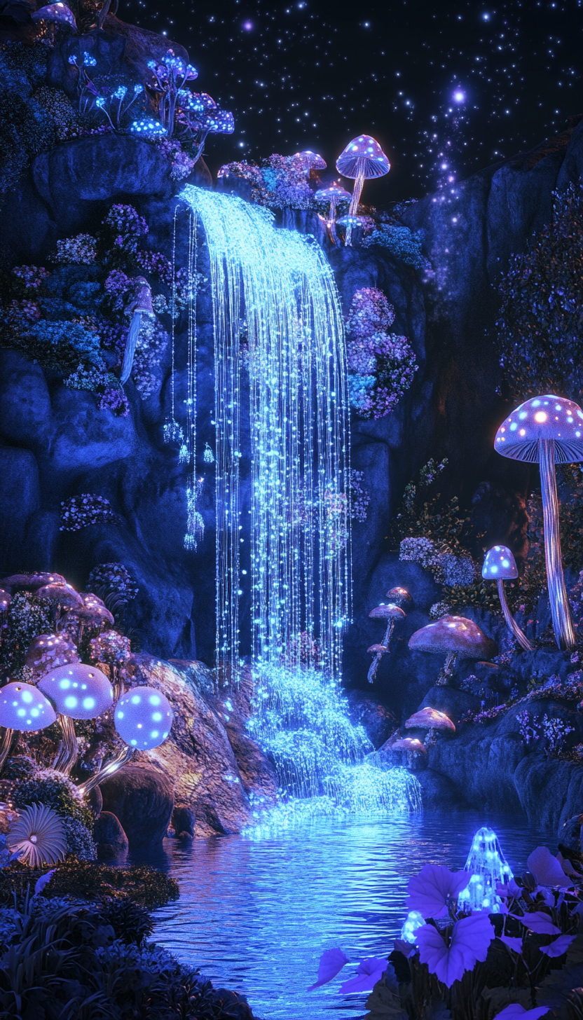 Enchanted Waterfall: Fairies Dance Under Glowing Night Sky