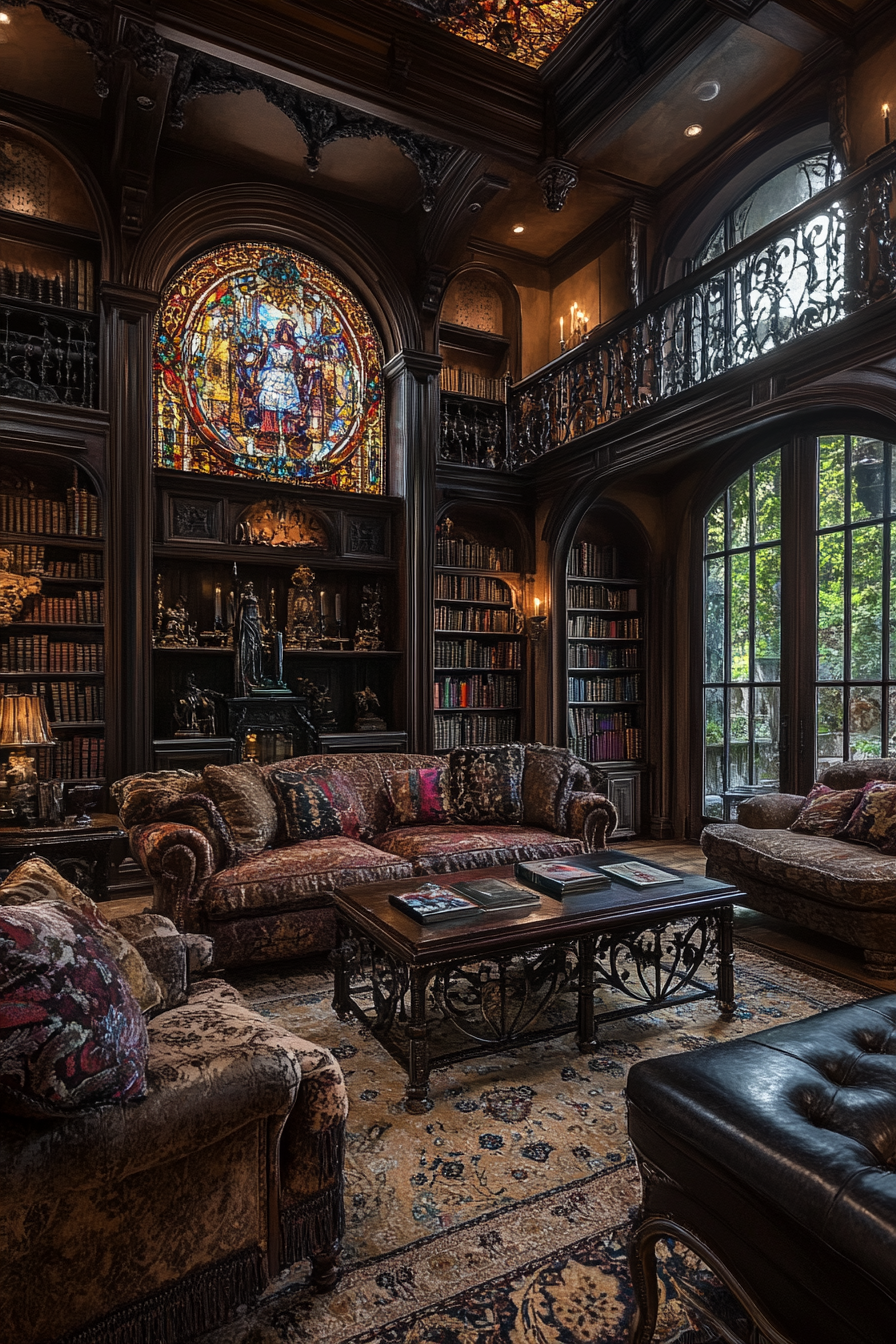 Enchanted elegance in Western Gothic living room with whimsical elements.