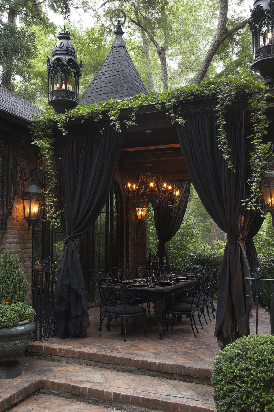 Enchanted evening patio with Gothic decor and soft lighting.