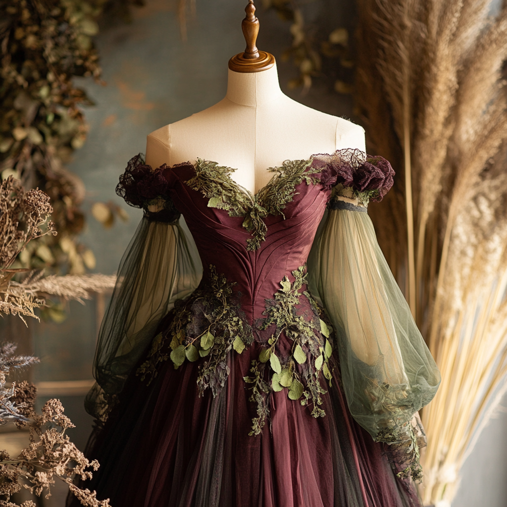 Enchanted forest themed burgundy gown on mannequin