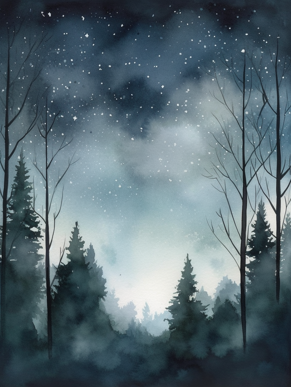 Enchanted night forest scene in watercolor painting