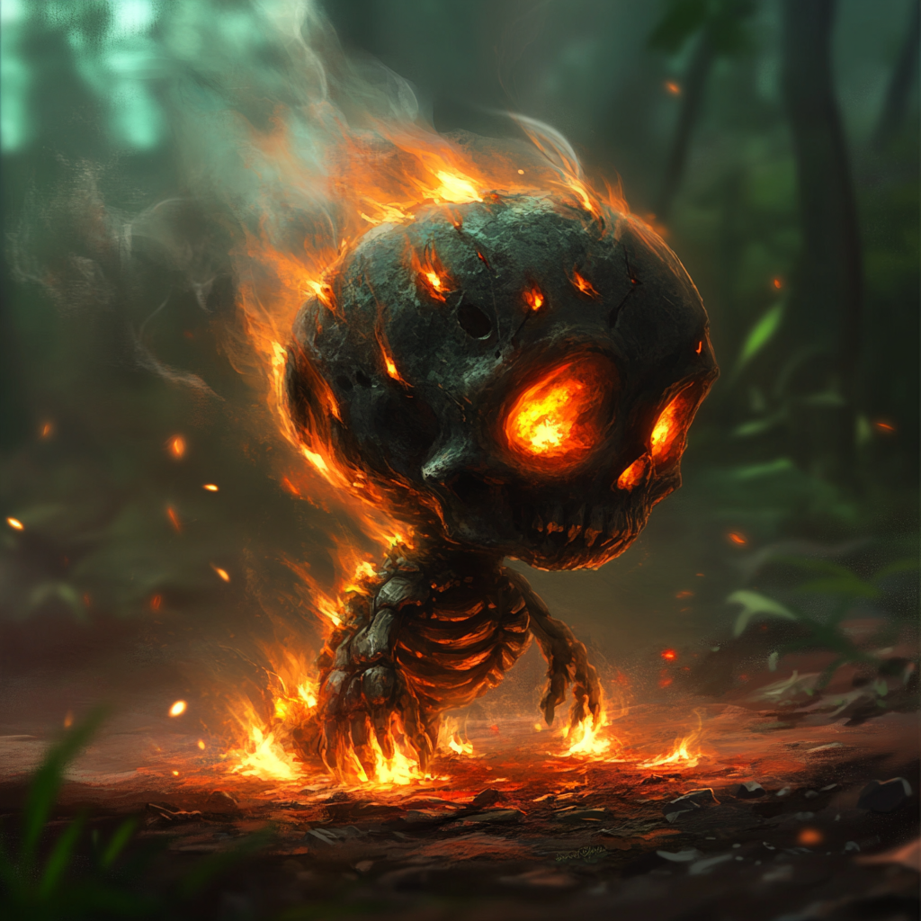 Enchanted skull with fiery embers in mystical forest