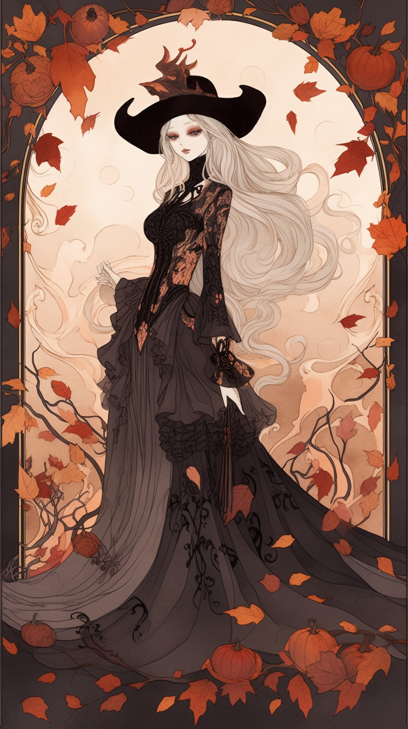 Enchanted sorceress in black rose gown on Halloween night