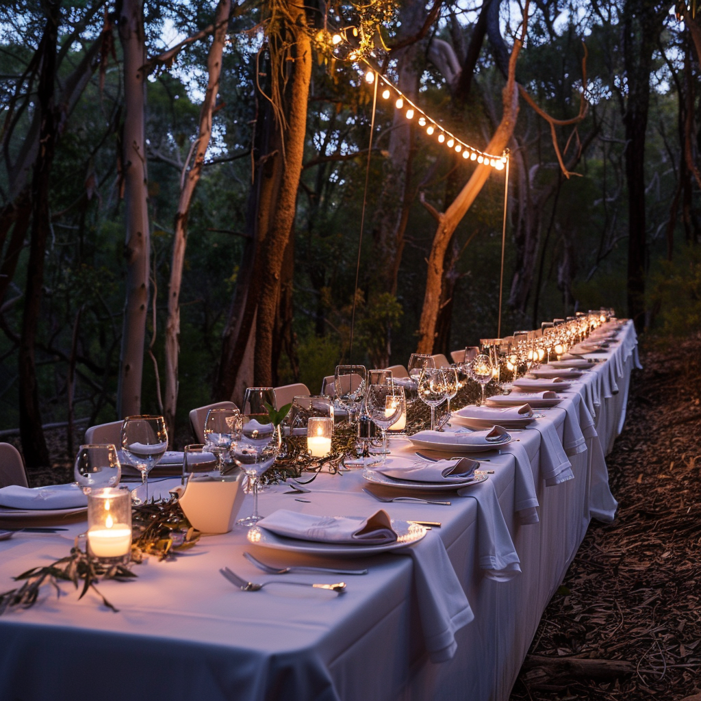 Forest Dinner Party Under Evening Lights