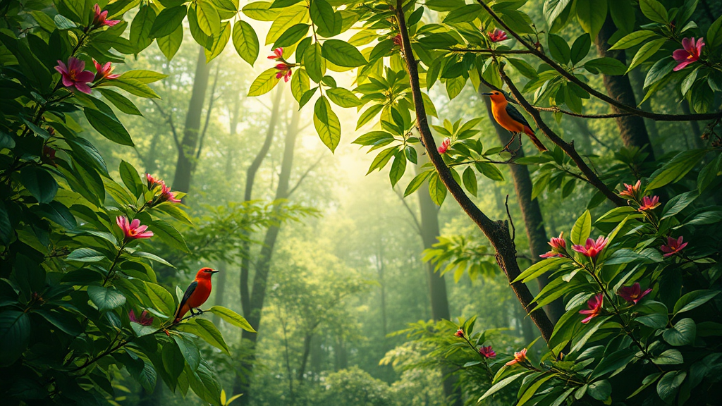 Enchanting Forest Scene with Birds and Leaves