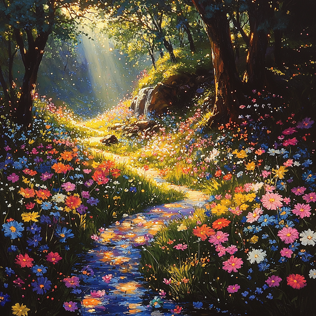 Enchanting Forest with Colorful Flowers and Playful Light Spots