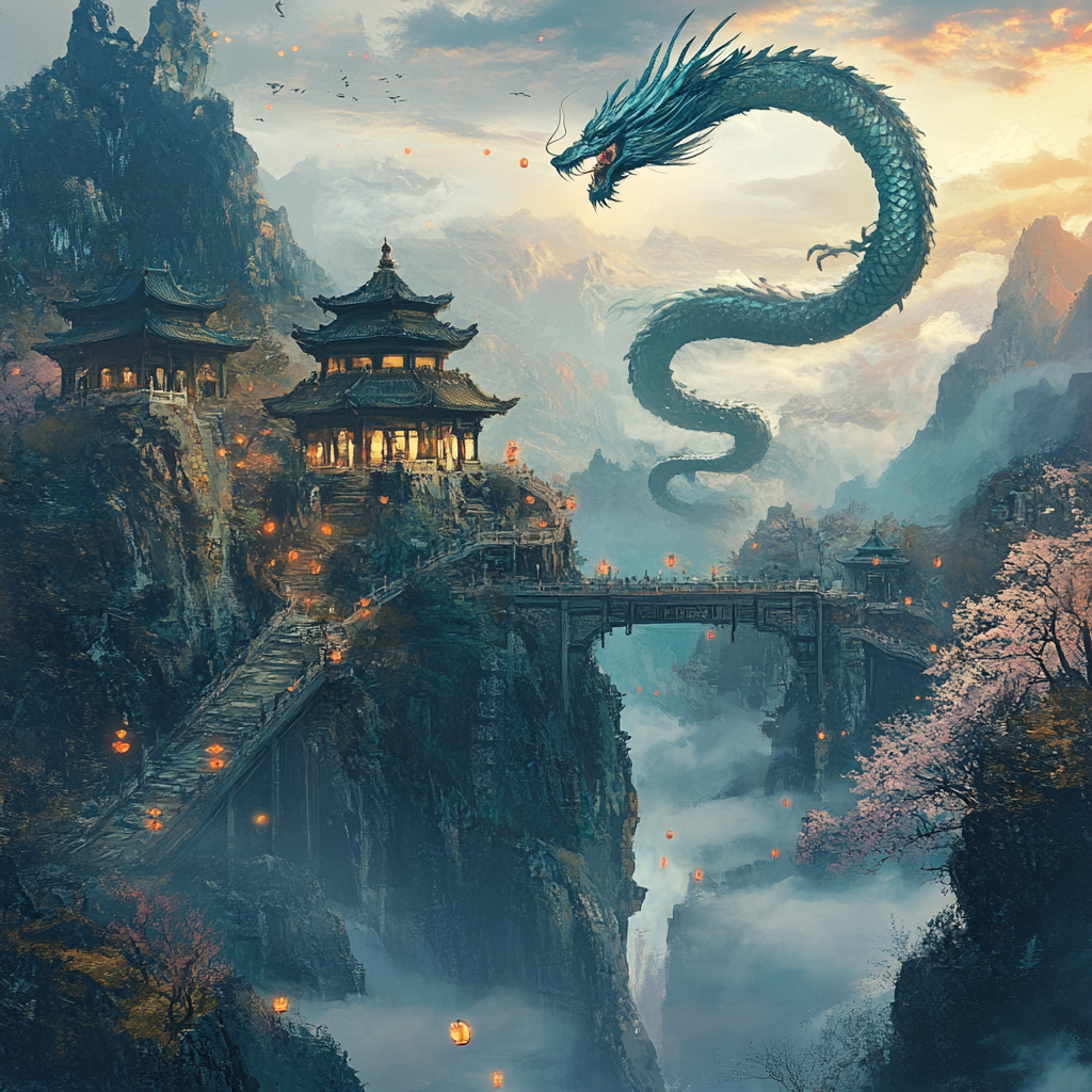 Enchanting Oriental Landscape with Ethereal Dragon