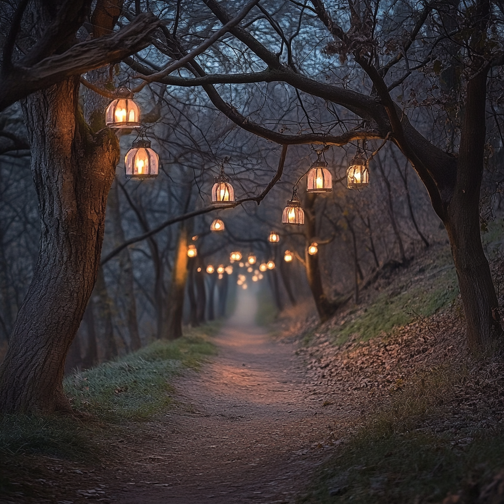 Enchanting Path at Sunrise with Lanterns and Pumpkins