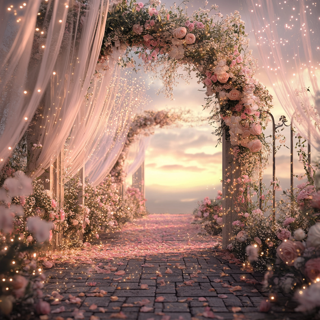 Enchanting fairy tale wedding with sunset sky