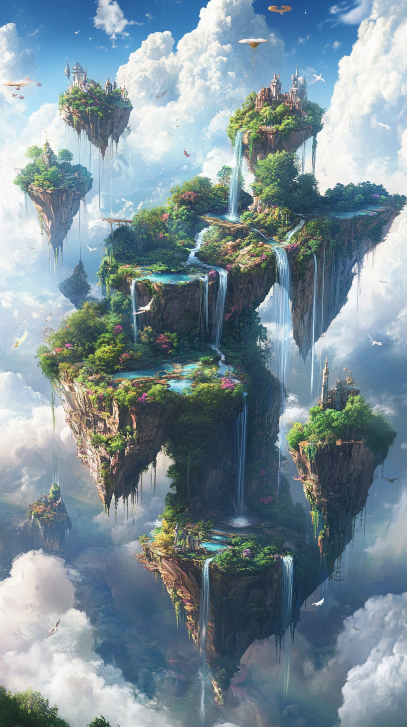 Enchanting floating islands with rainbow bridges and magical creatures.