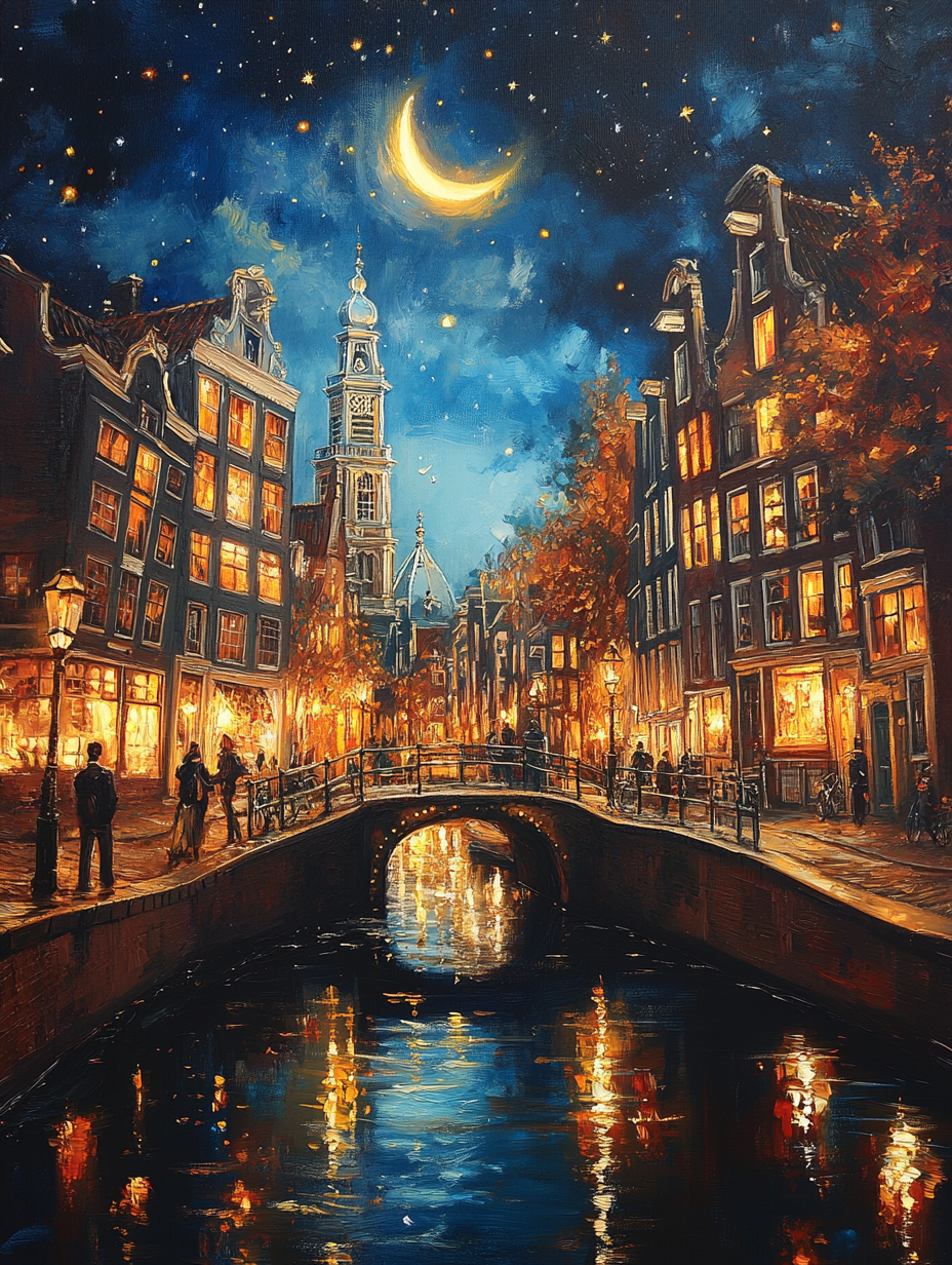 Enchanting painting of Amsterdam canals in vivid detail.