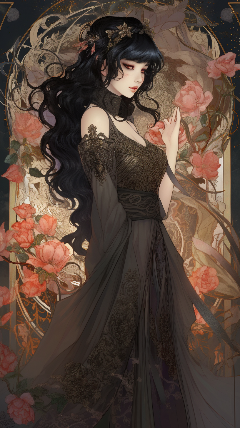 Enchanting sorceress in black rose gown on Halloween night