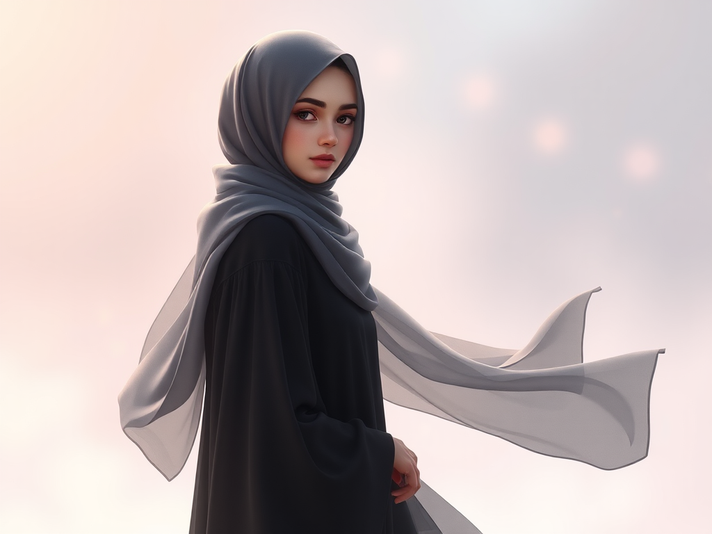 Enchanting woman in black abaya, eyes shining, serene landscape.