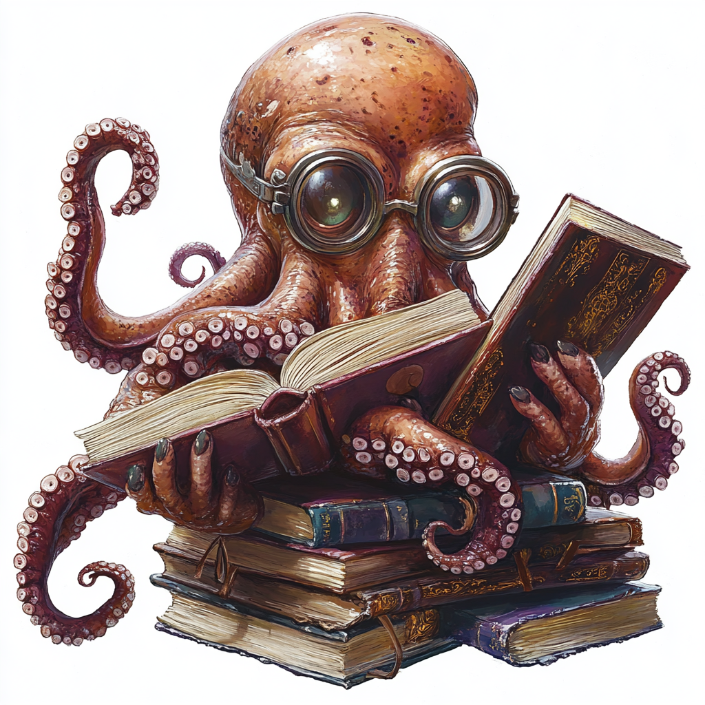 Endearing Octopus Librarian Character in Art Nouveau Style