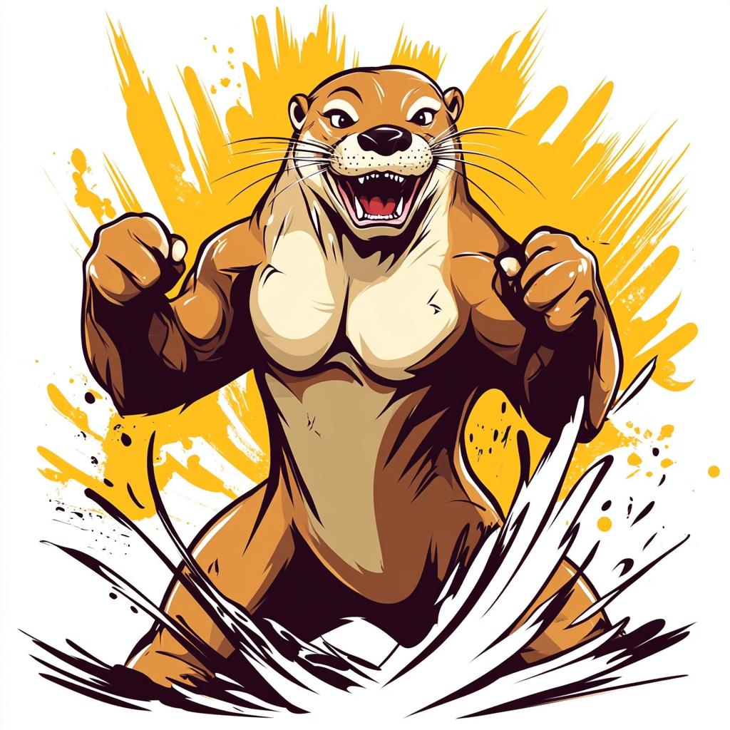 Energetic, fierce Amazonian otter mascot running towards you.