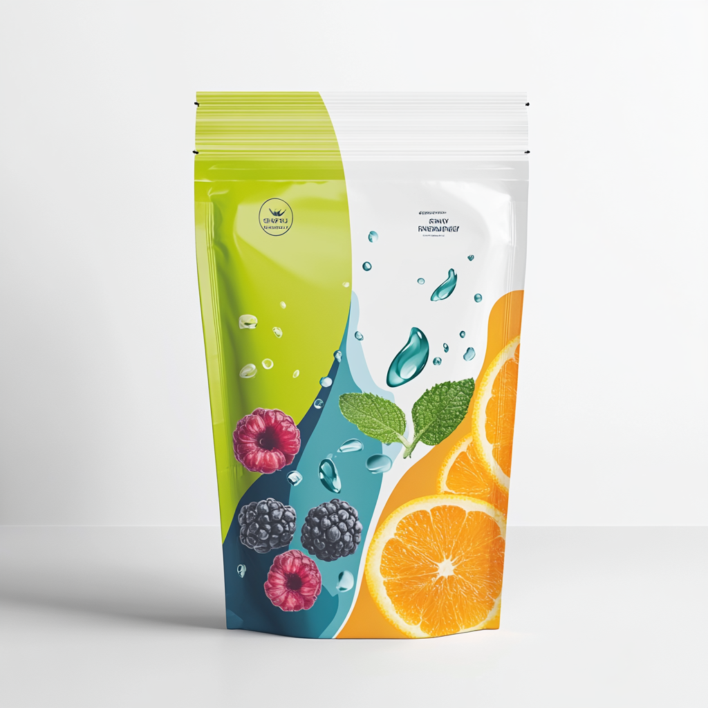 Energetic, fresh fruit pouch with vibrant colors and abstract elements.