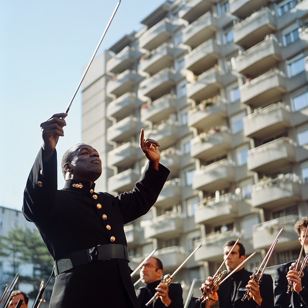 Energetic conductor leading military orchestra in front of apartment.