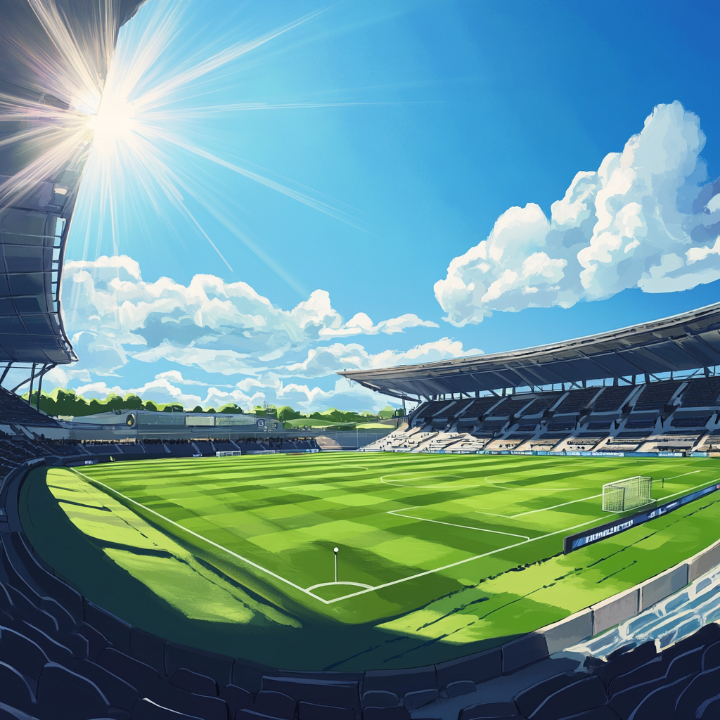 Energetic football stadium with bright blue sky, lively atmosphere.