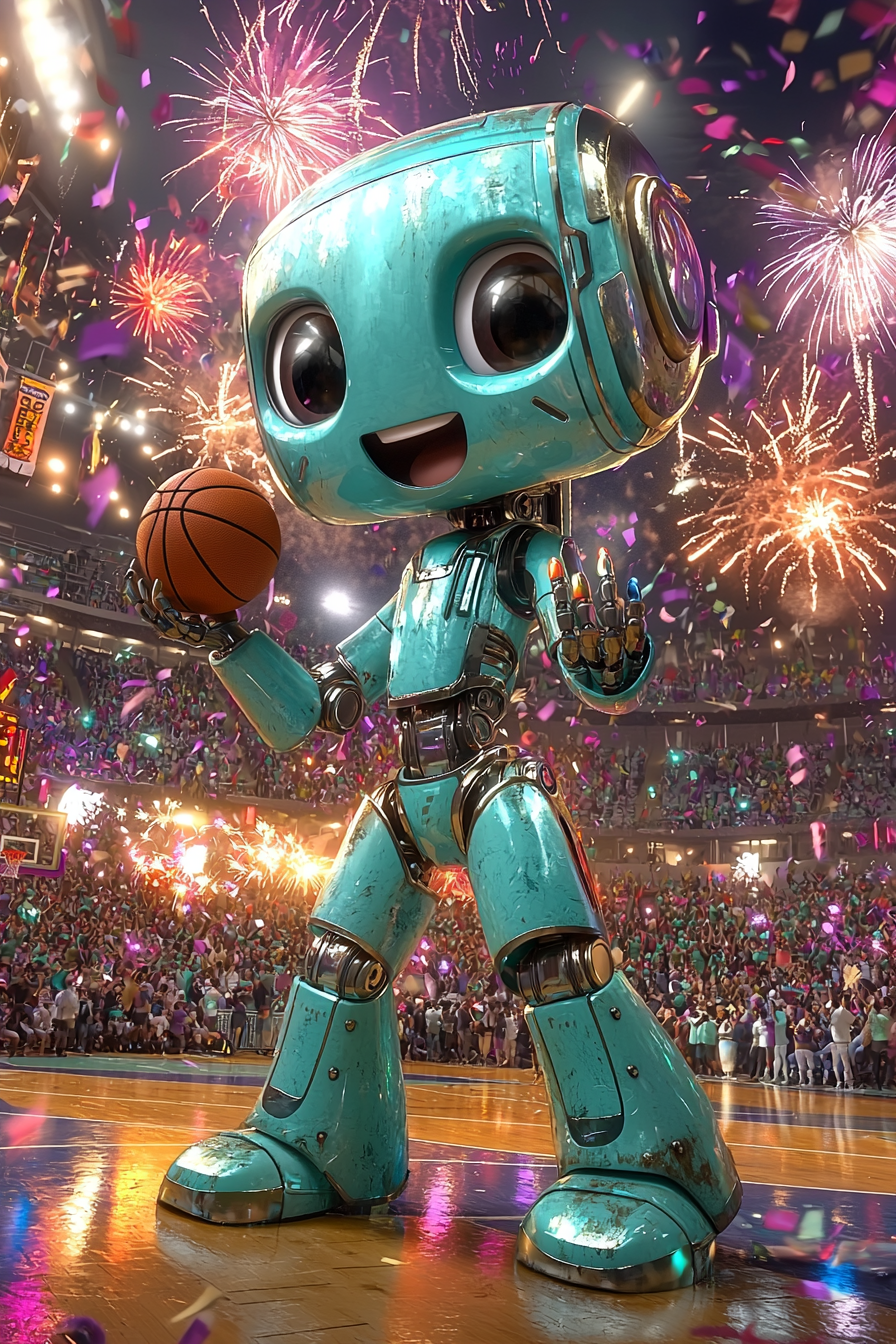 Energetic robot spinning basketball in vibrant, playful cartoon scene.