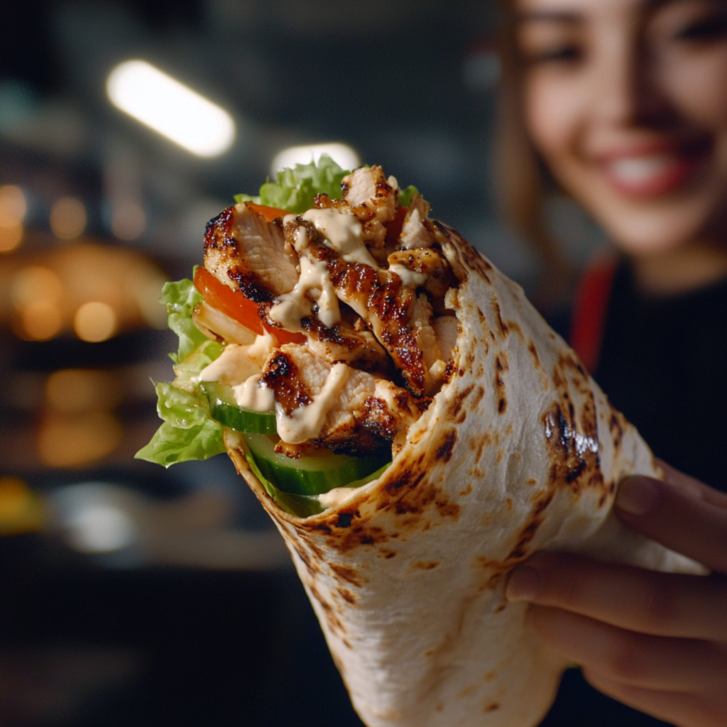 Energetic shawarma ad shows delicious, fresh ingredients, happy model.