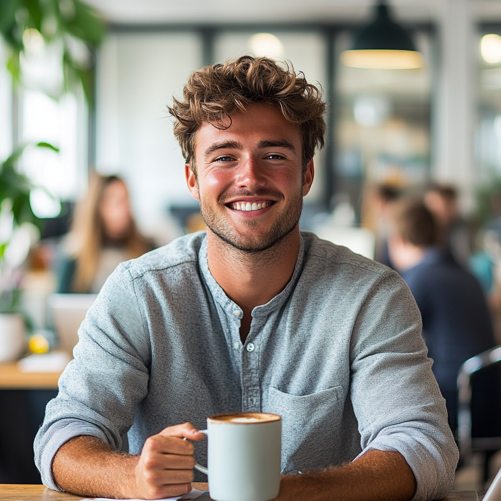 Energetic young man at tidy desk in bright office