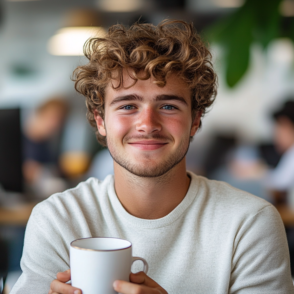 Energized young man at desk in bright office.