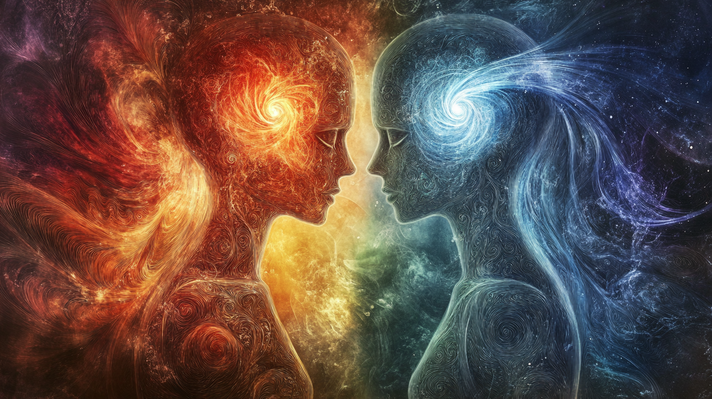 Energy transfer between male and female figures, chakras visible