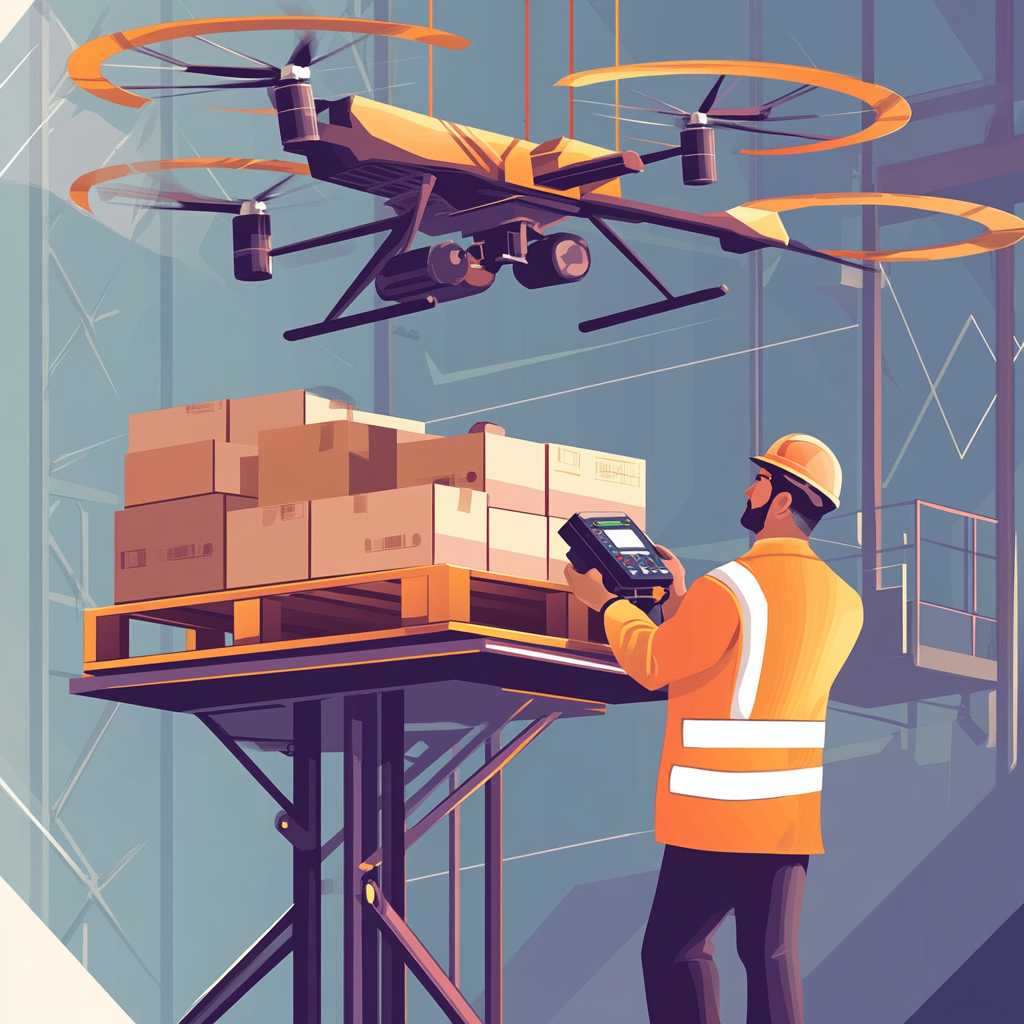 Engineer operates joystick, pallet truck, cargo drone on platform.