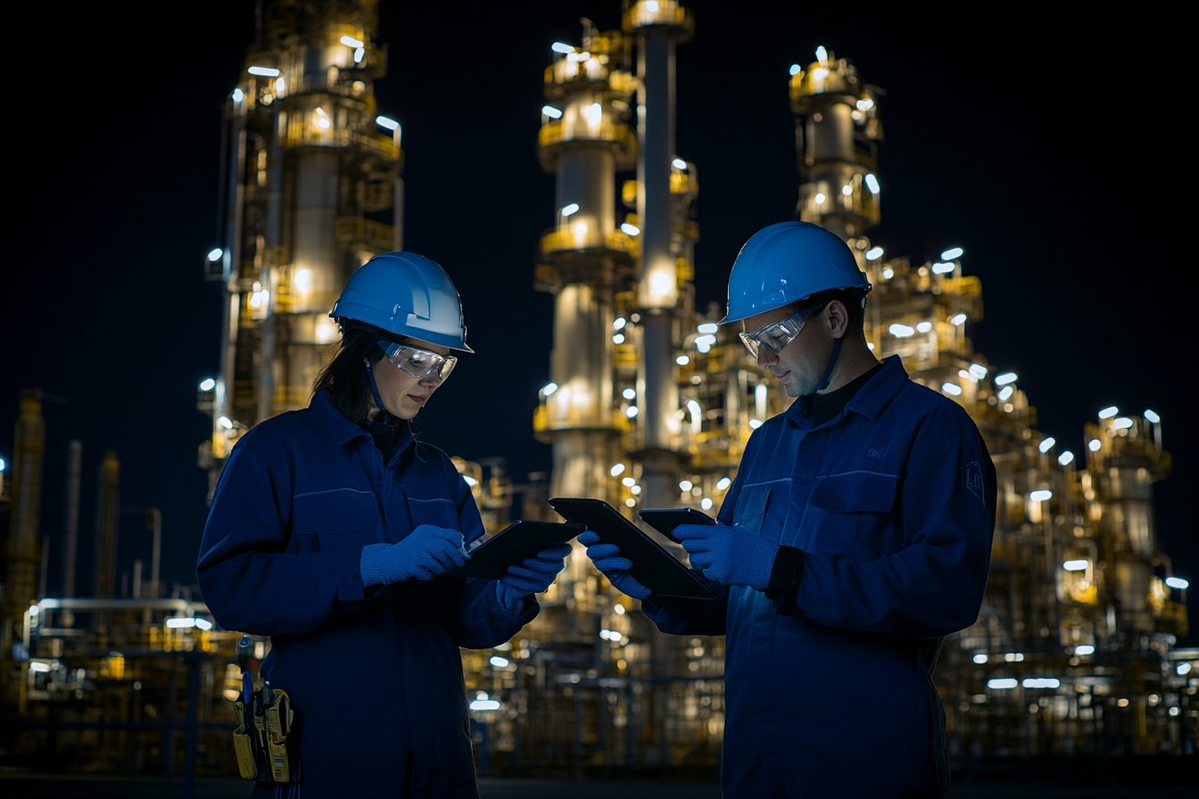 Engineers discuss oil project at illuminated plant at night.