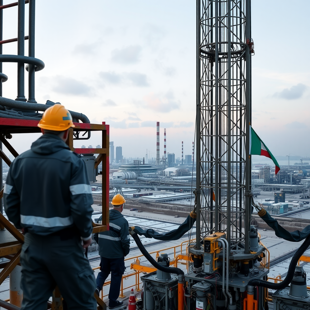 Engineers on advanced drilling rig near Iranian flag.