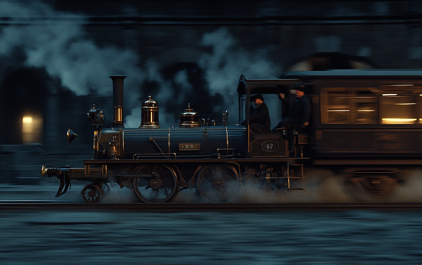 English locomotive in 1900 driving fast at night