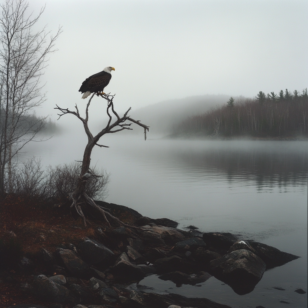 Enhanced misty lakeside photo with a perched eagle.