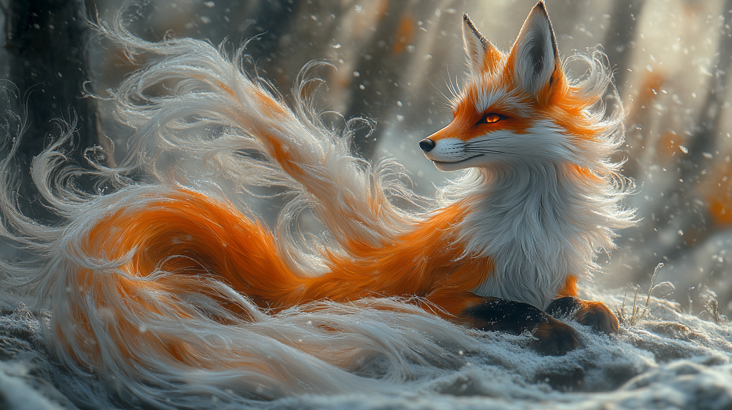 Enigmatic nine-tailed fox in serene snowy forest