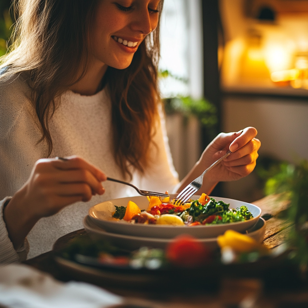 Enjoying a colorful, healthy meal with a smile.