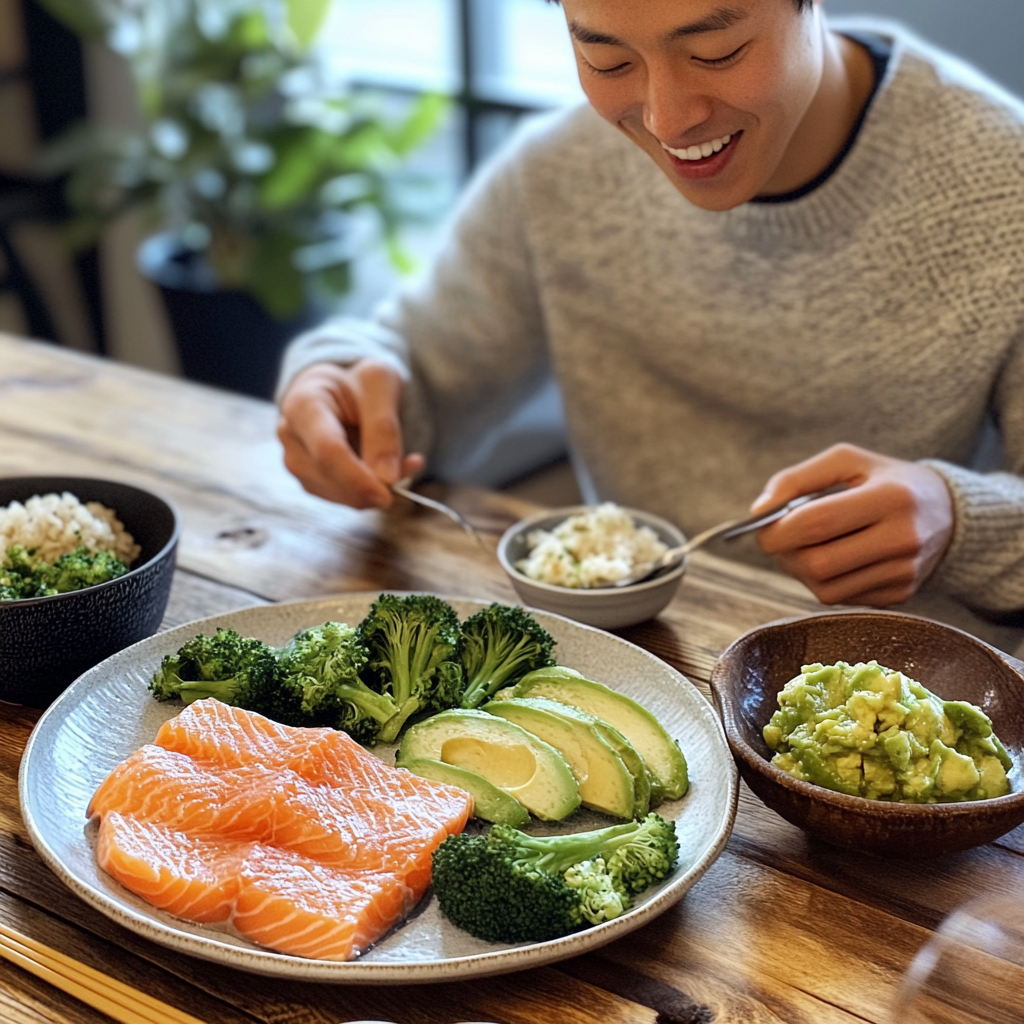 Enjoying first meal post-fast: salmon, broccoli, avocado. Smile.