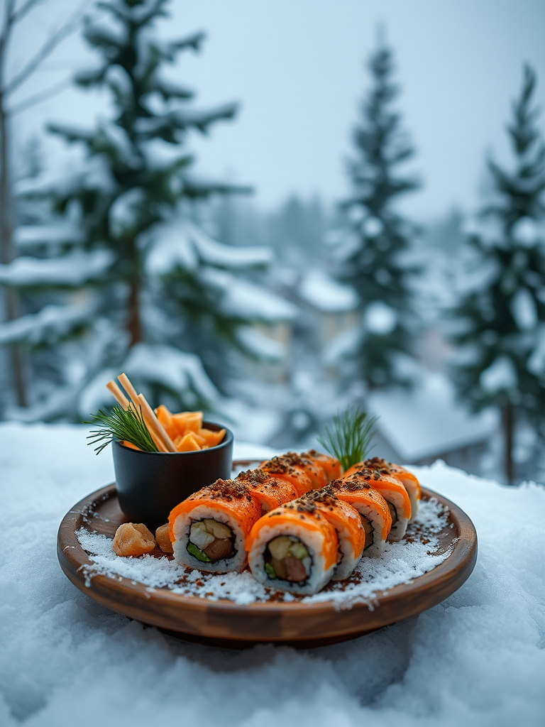 Enjoying sushi dinner outside in the snowy winter.