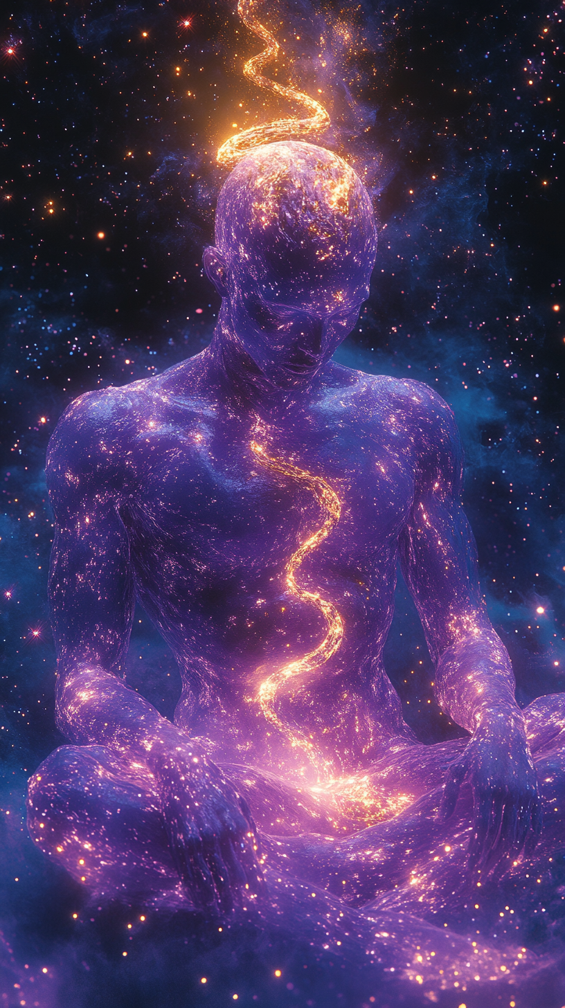 Enlightened figure with glowing snake in space meditation.